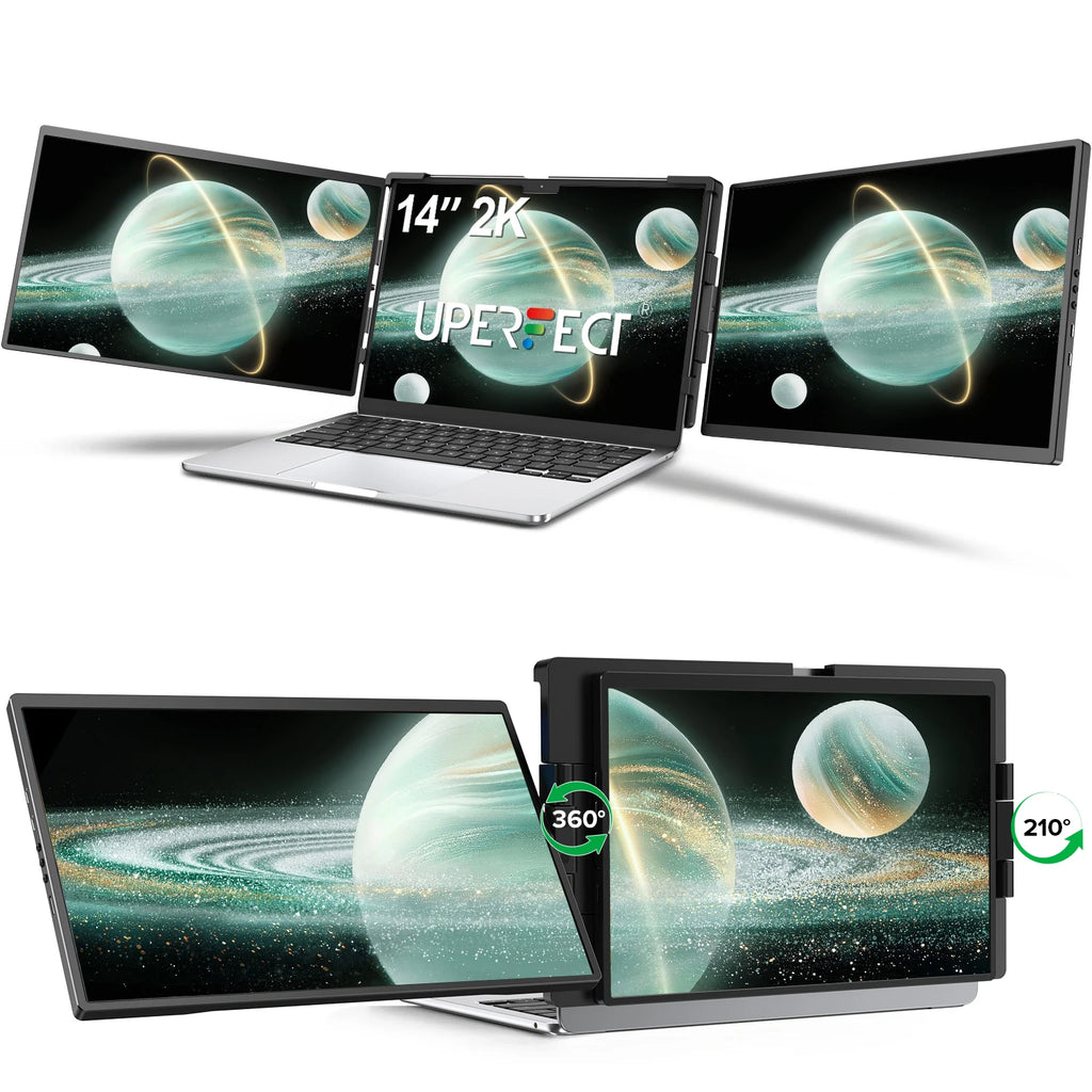 UPERFECT 14" 2K Triple Portable Monitor with 360° Rotation Stand 2240x1400 QHD IPS Laptop Screen Extender for Windows Chrome Mac