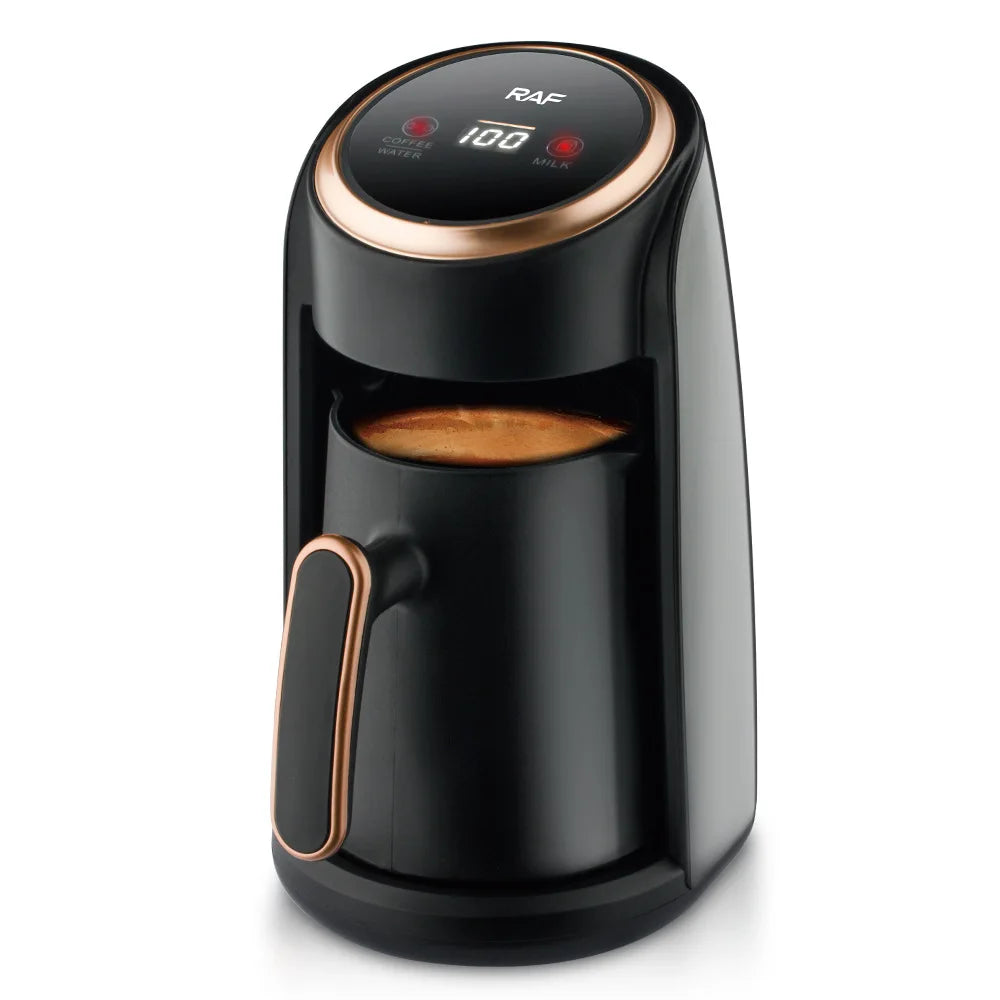 RAF black and rose gold automatic Turkish coffee maker with digital display, touch controls, and coffee pot.