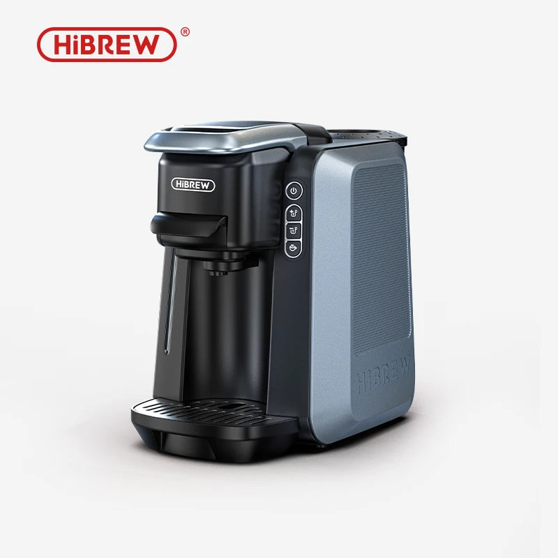 HiBREW compact black and blue single-serve coffee maker with button controls on a plain white background.