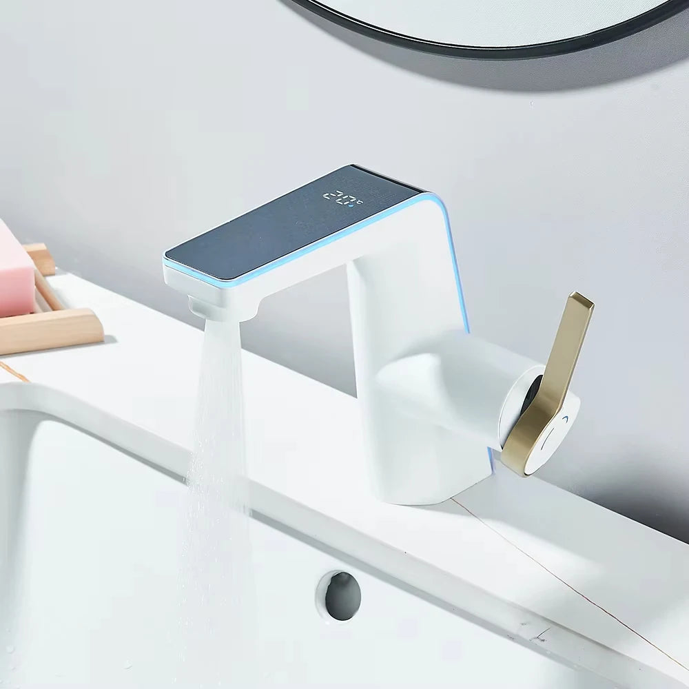 Digital Display Screen Bathroom Basin Sink Faucet 2-ways Spout LED Washbasin Taps Hot Cold Water Deck Mounted Mixers