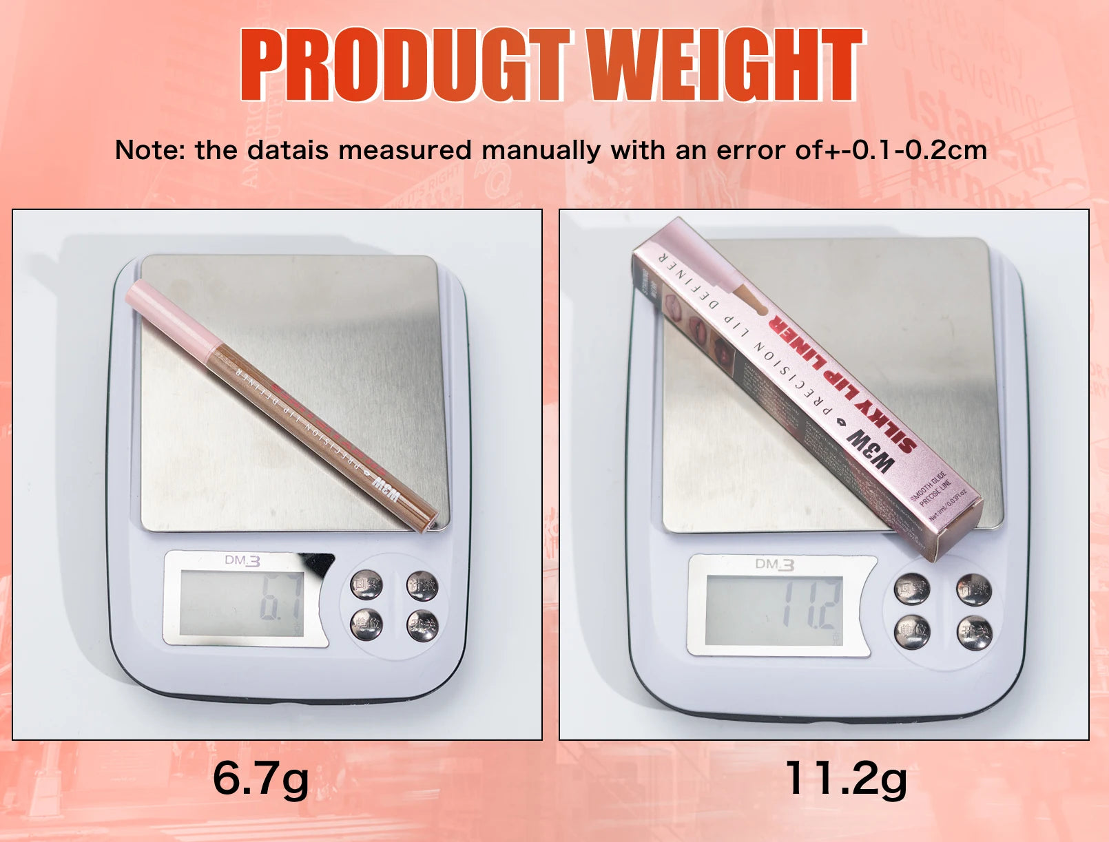 Waterproof liquid matte lip liner pencil in a pink package being weighed on a digital scale for precise product volume.
