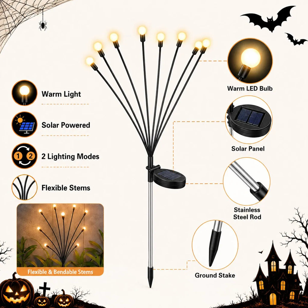 2 Pack Halloween Solar Firefly Lights 16 LED Spooky Garden Decoration Lights, Warm White Solar Powered Outdoor Pathway Lights with 2 Lighting Modes for Yard Lawn Patio Walkway Tree Fence Party Holiday Decor