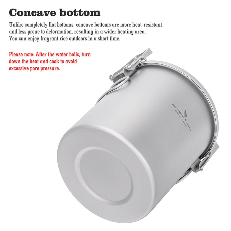 Titanium pot with concave bottom and side handles, silver, close-up