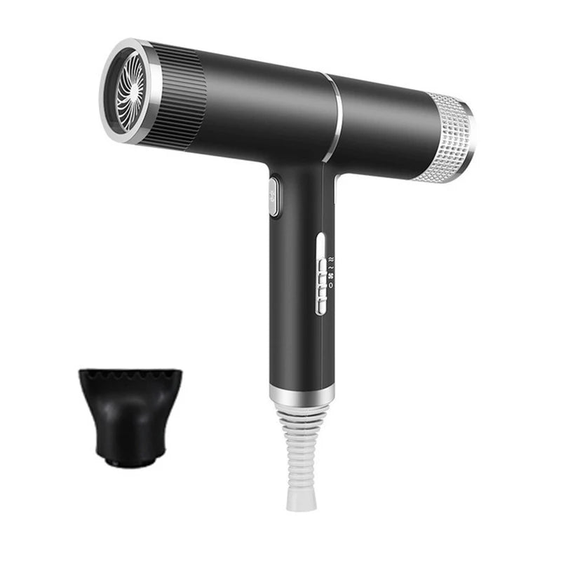 Black leafless negative ion hair dryer with nozzle attachment, intelligent temp controls, and quiet, quick-dry design.