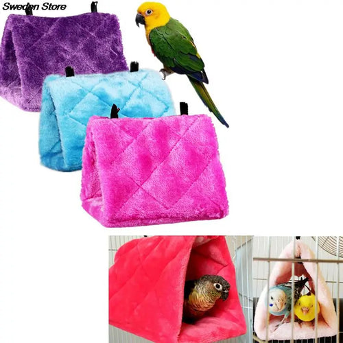 Hanging fuzzy bird nest bed, purple quilted fabric with metal clips