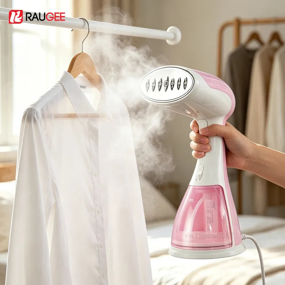 Handheld clothes steamer in pink and white steaming a white shirt on a wooden hanger.