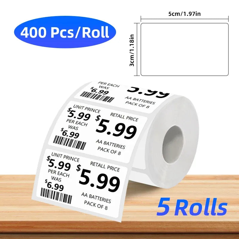 White coreless thermal label roll with price labels and barcode, self-adhesive, 400 pcs/roll