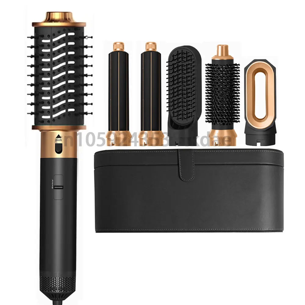 6-in-1 black and gold ionic hair dryer brush set with styling attachments and storage case for professional salon looks.