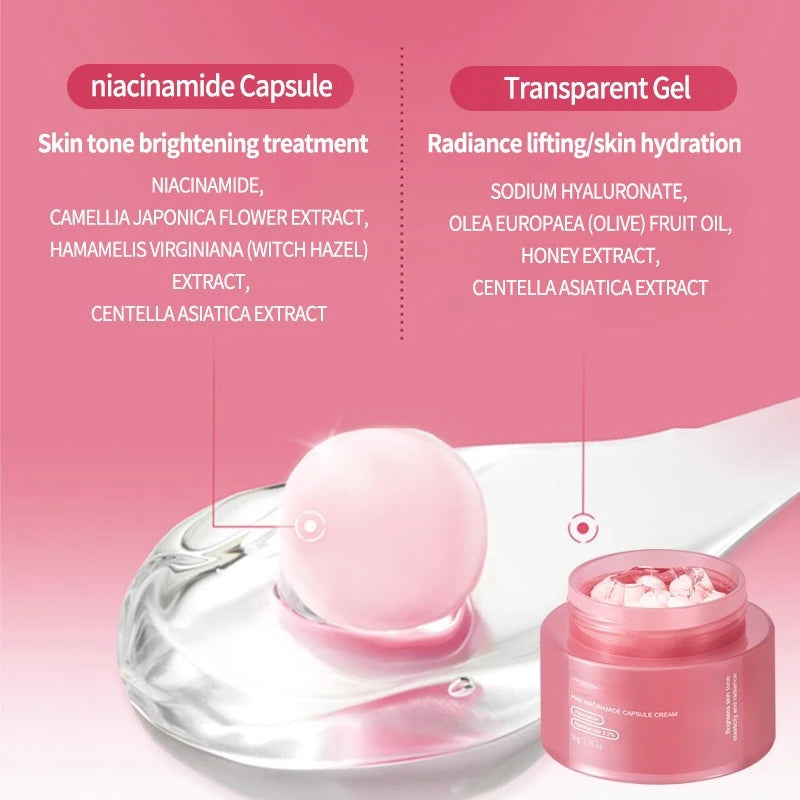 A pink jar of capsule cream with a transparent gel base and a glowing pink capsule on a spoon, text overlay included.