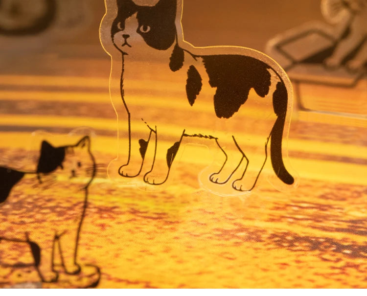 Clear adhesive stickers of black and white cartoon cats for DIY scrapbooking, photo collage, and craft decoration.