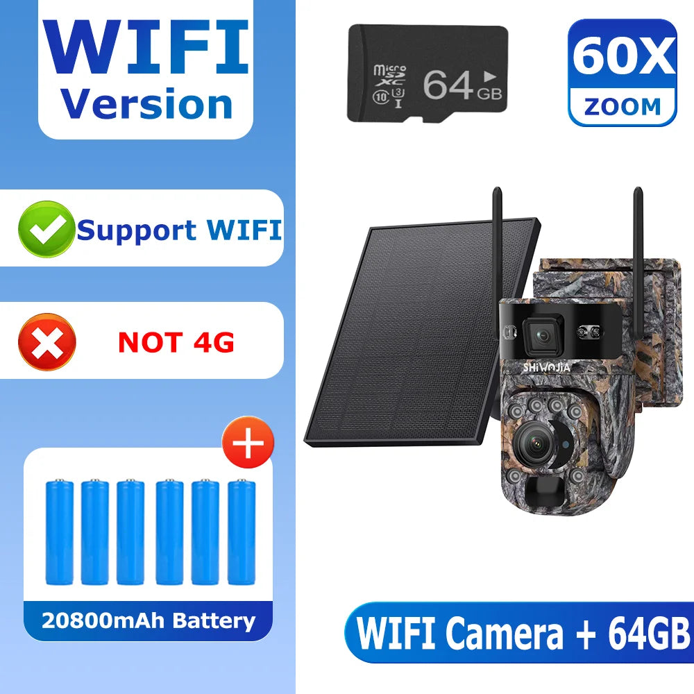 Camouflage outdoor WiFi security camera with solar panel and 64GB microSD card