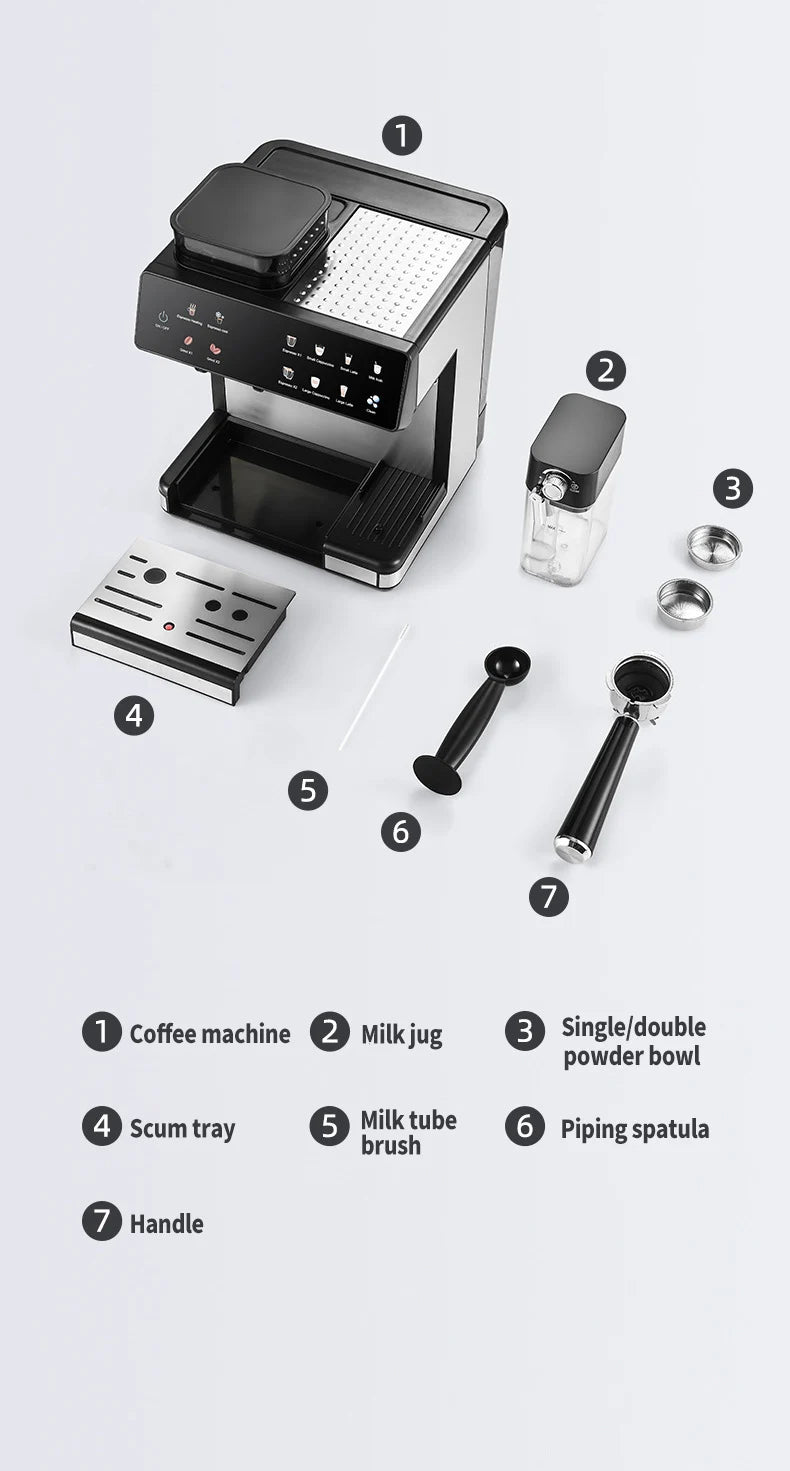 Black and silver stainless steel espresso machine with numbered components, milk jug, portafilter, and accessories.