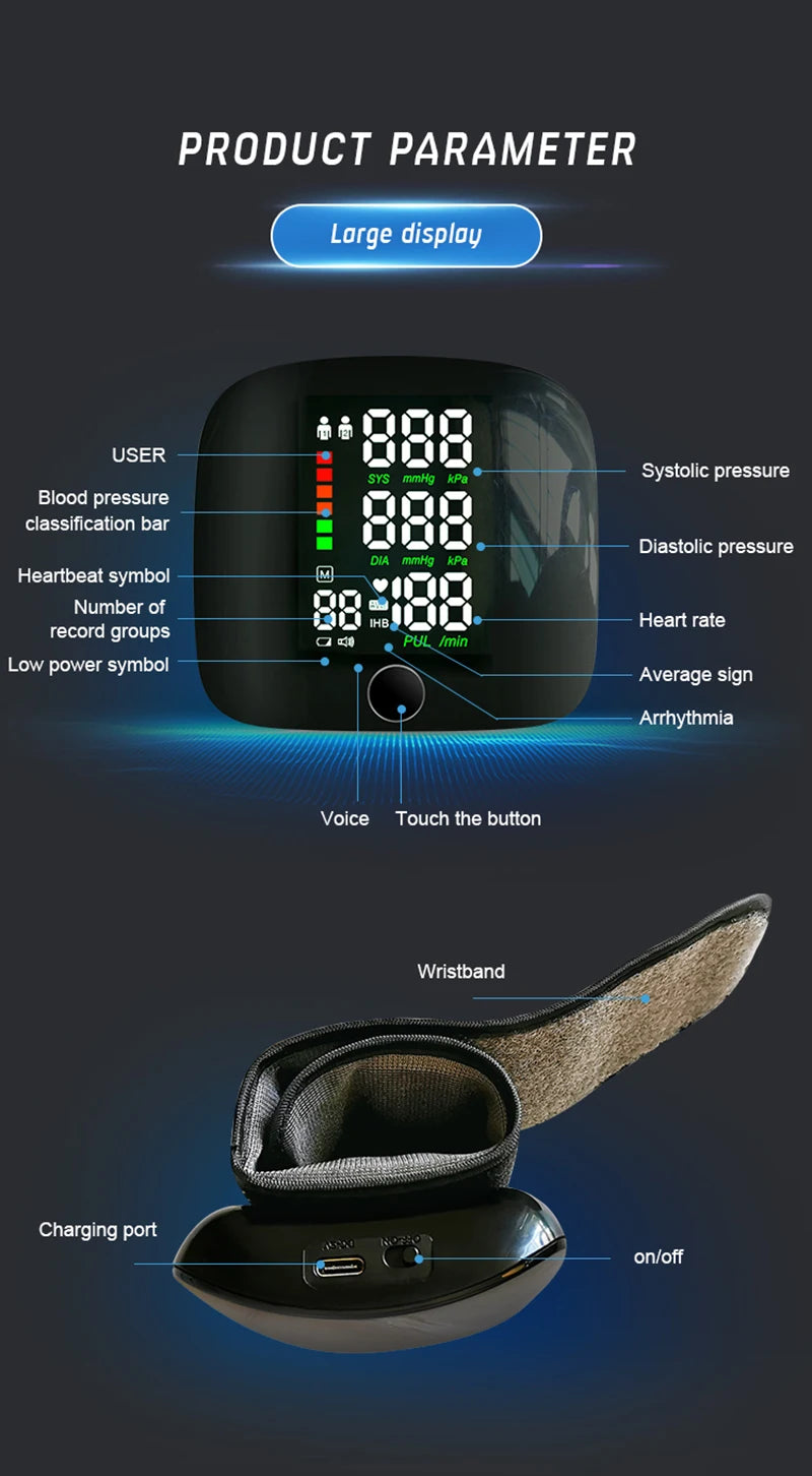 Recharge Digital Wrist Blood Pressure Monitor English Voice Sphygmomanometer Heart Rate Pulse Meter Medical Tonometer USB