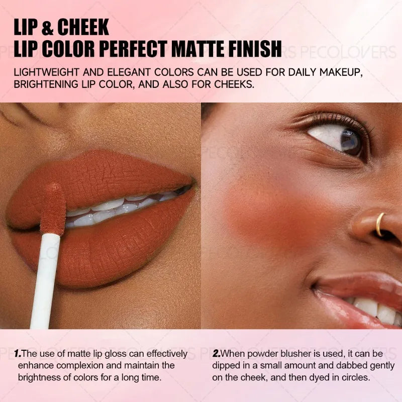 Non-drying matte lip gloss and cheek tint in a rich terracotta shade for a long-lasting, waterproof, plump finish.