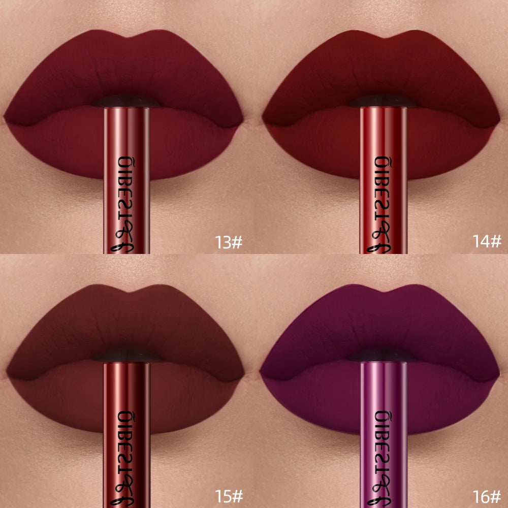 Long-lasting matte liquid lipstick set in four velvet shades, from deep red to dark plum, nonstick lip makeup swatch.