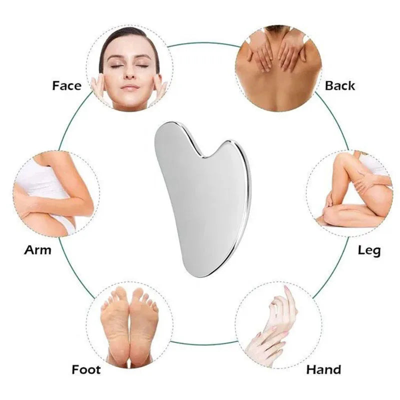 Smooth, heart-shaped silver gua sha tool shown in the center, surrounded by examples of it used on various body parts.