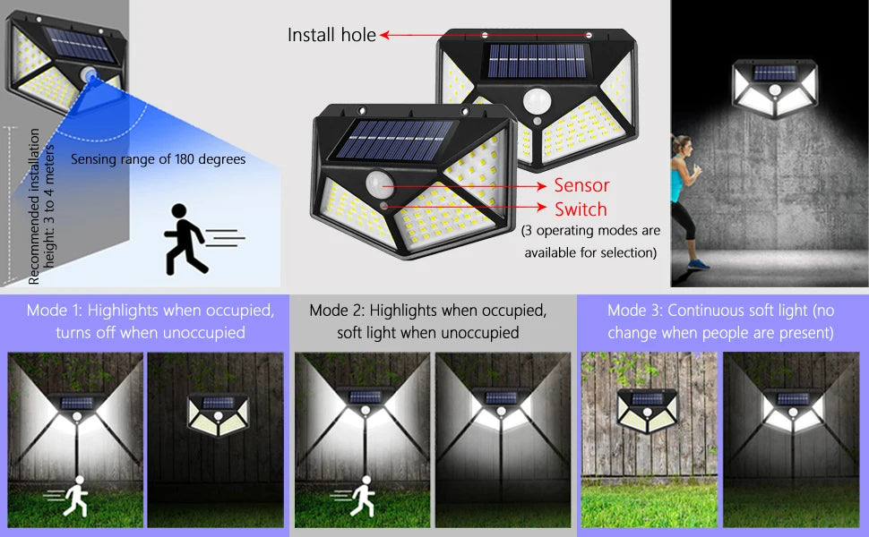 4Pack 100 LED Outdoor Solar Lights with Motion Sensor and 3 Lighting Modes, IP65 Waterproof Solar Wall Lights Ideal for Garden Patio Yard
