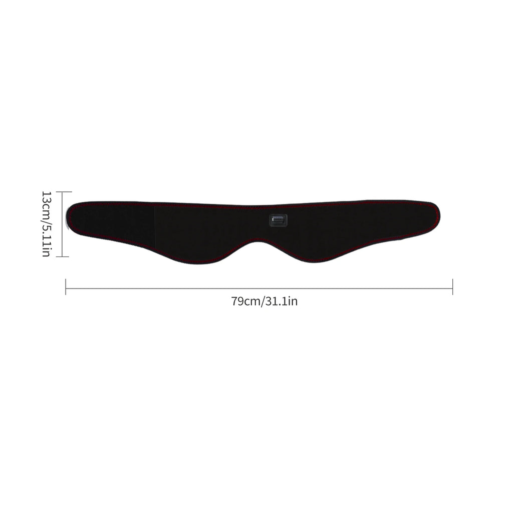 Black contoured jaw heating pad with red stitching, shown with height (13cm) and width (79cm) measurement lines.