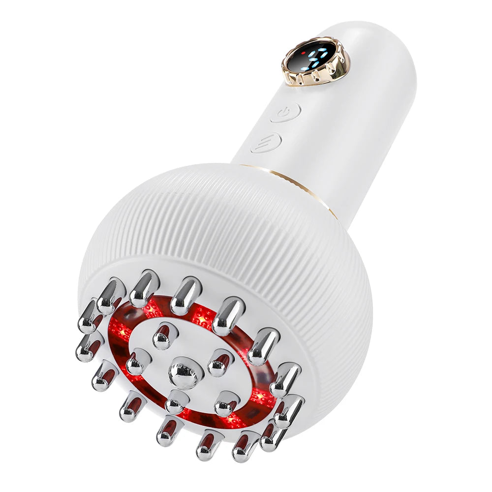 White electric meridian brush massager with 9 gears, microcurrent, LED heat therapy, and metal gua sha pins.