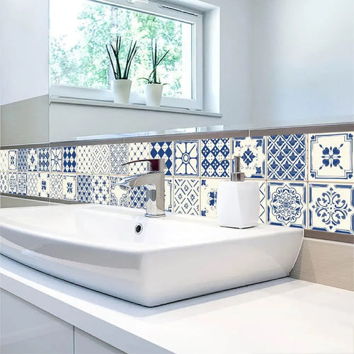 Waterproof blue-and-white patterned wall tile stickers for bathroom sink wall