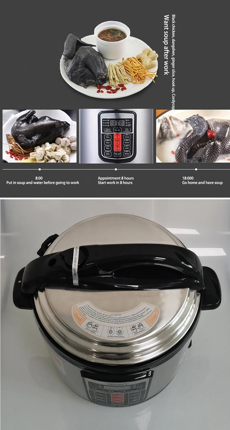 Electric pressure cooker, stainless steel pot with black lid and control panel