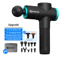 Black handheld massage gun with teal accents, including a carrying case and 12 interchangeable therapy heads.