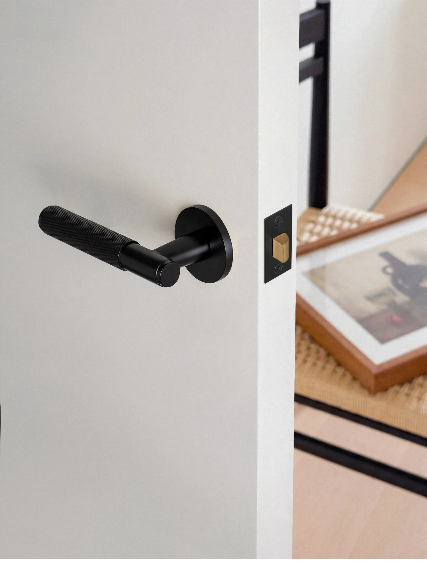 DOOROOM Brass Door Lock Set Modern Knurled Matte Black Interior Door Lock Decorative Lock Privacy Lock Passage Lock