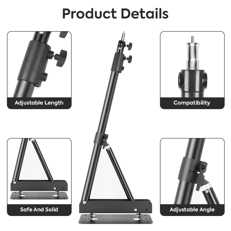 Black metal light stand with adjustable length and angle, featuring a stable base for mounting studio equipment.