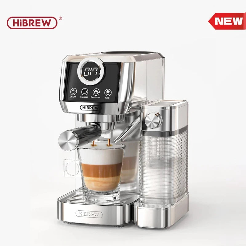 HiBREW silver stainless steel espresso and cappuccino machine with milk frother and digital touch display.