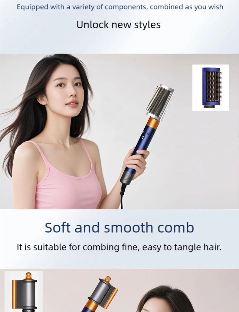 Woman using a blue and gold 7-in-1 ionic high-speed hair dryer with a smoothing brush attachment for sleek styling.