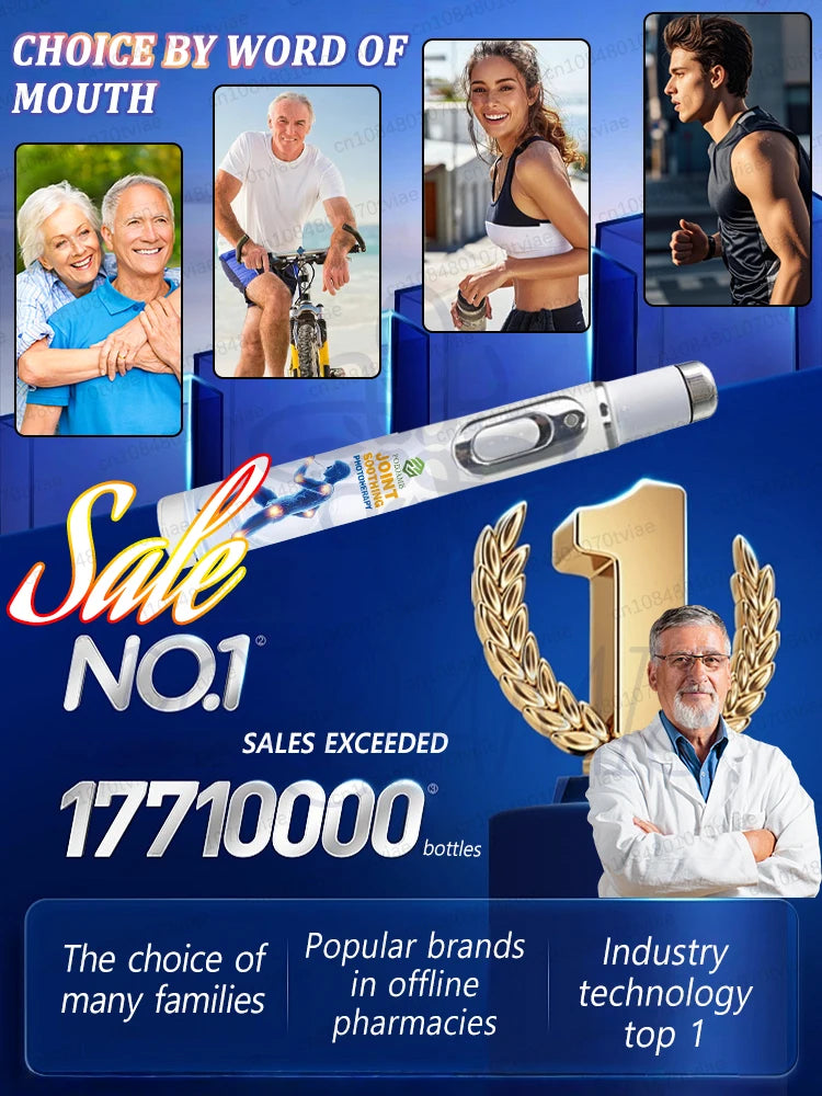 White joint soothing phototherapy pen with a silver tip and button, designed for targeted joint pain relief.