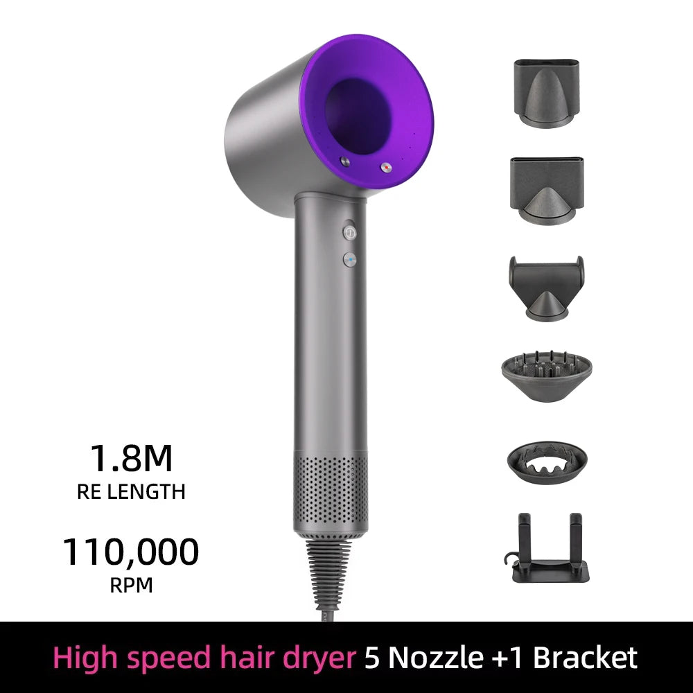 Grey and purple high-speed ionic hair dryer with 5 magnetic styling nozzles and wall bracket for quick, silent drying.