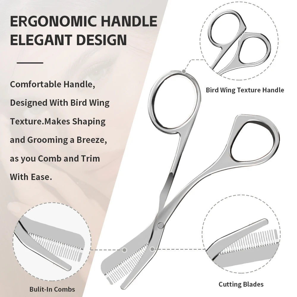 Professional stainless steel eyebrow trimmer with bird-wing handles and built-in combs for precision grooming.