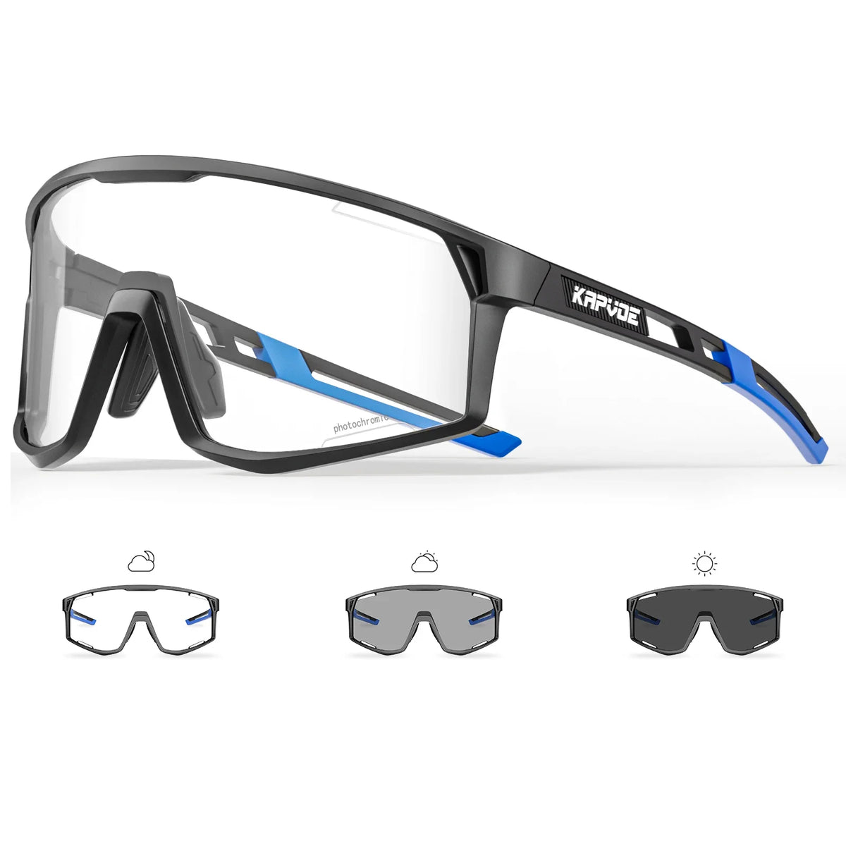KAPVOE photochromic cycling sunglasses with black frame and blue-tinted lens.