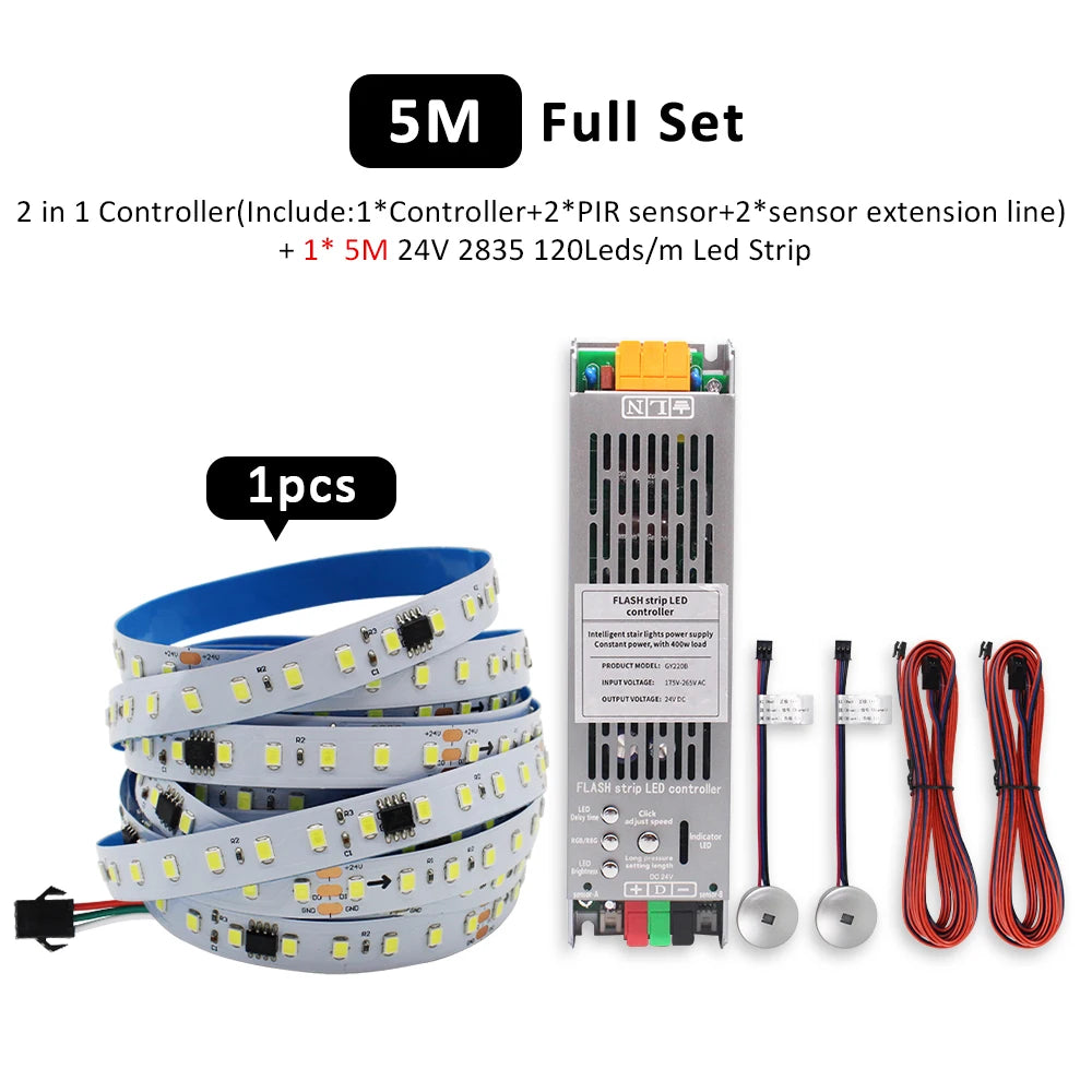 5M LED strip light kit with controller, flexible tape, and red/black wires