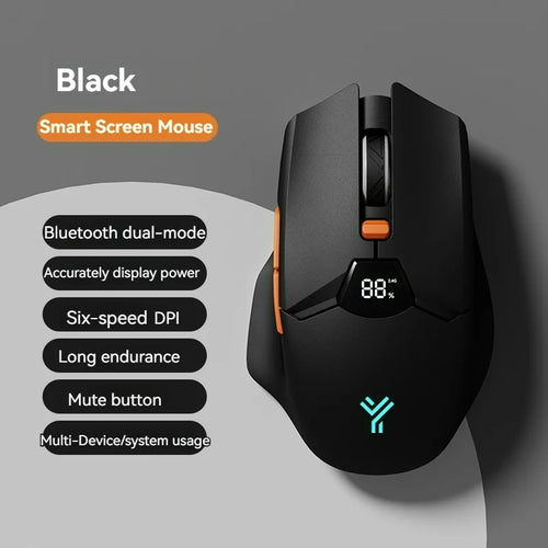Black wireless gaming mouse with orange accents, digital battery display, scroll wheel, and glowing logo.