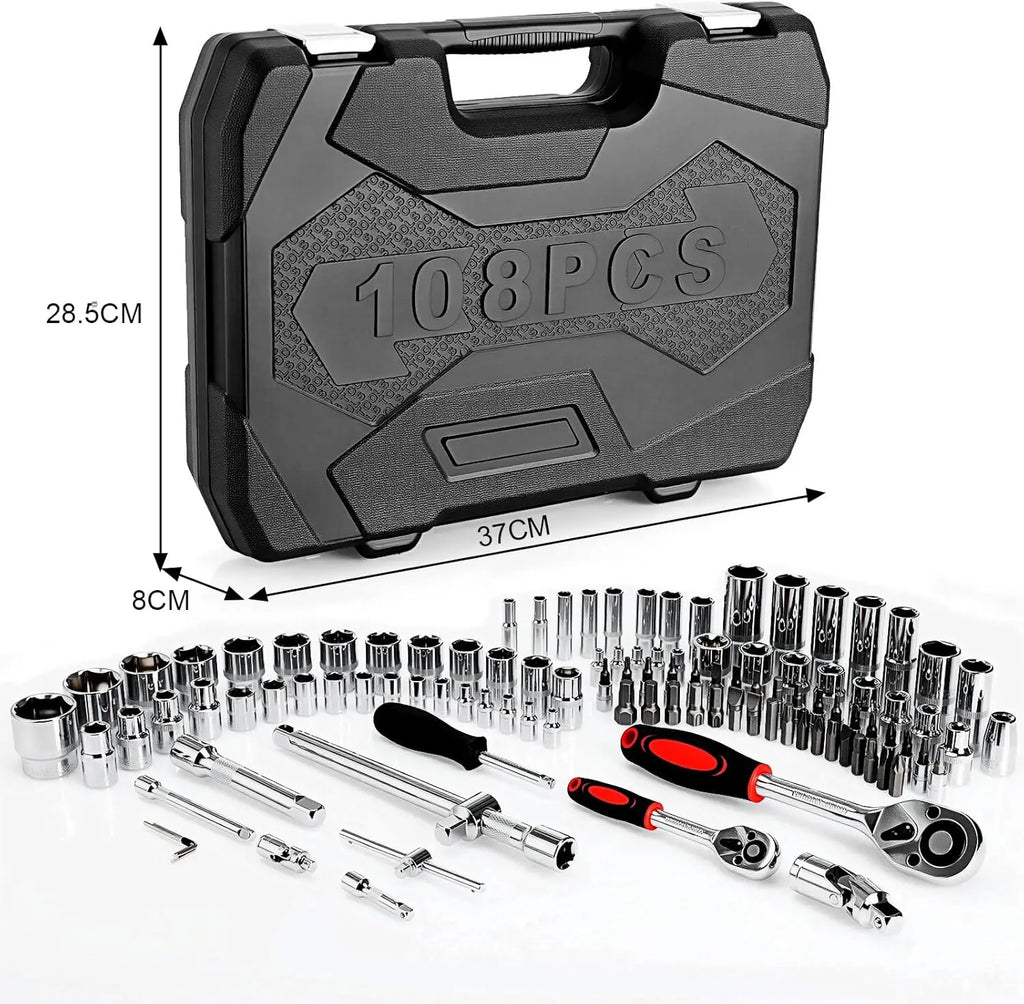 108-Piece Socket Spanner Set Cr-V Ratchet Wrench Set Ratchet Box with 1/4 &1/2 Inch 72 Teeth Reversible Ratchet Hexagonal Socket
