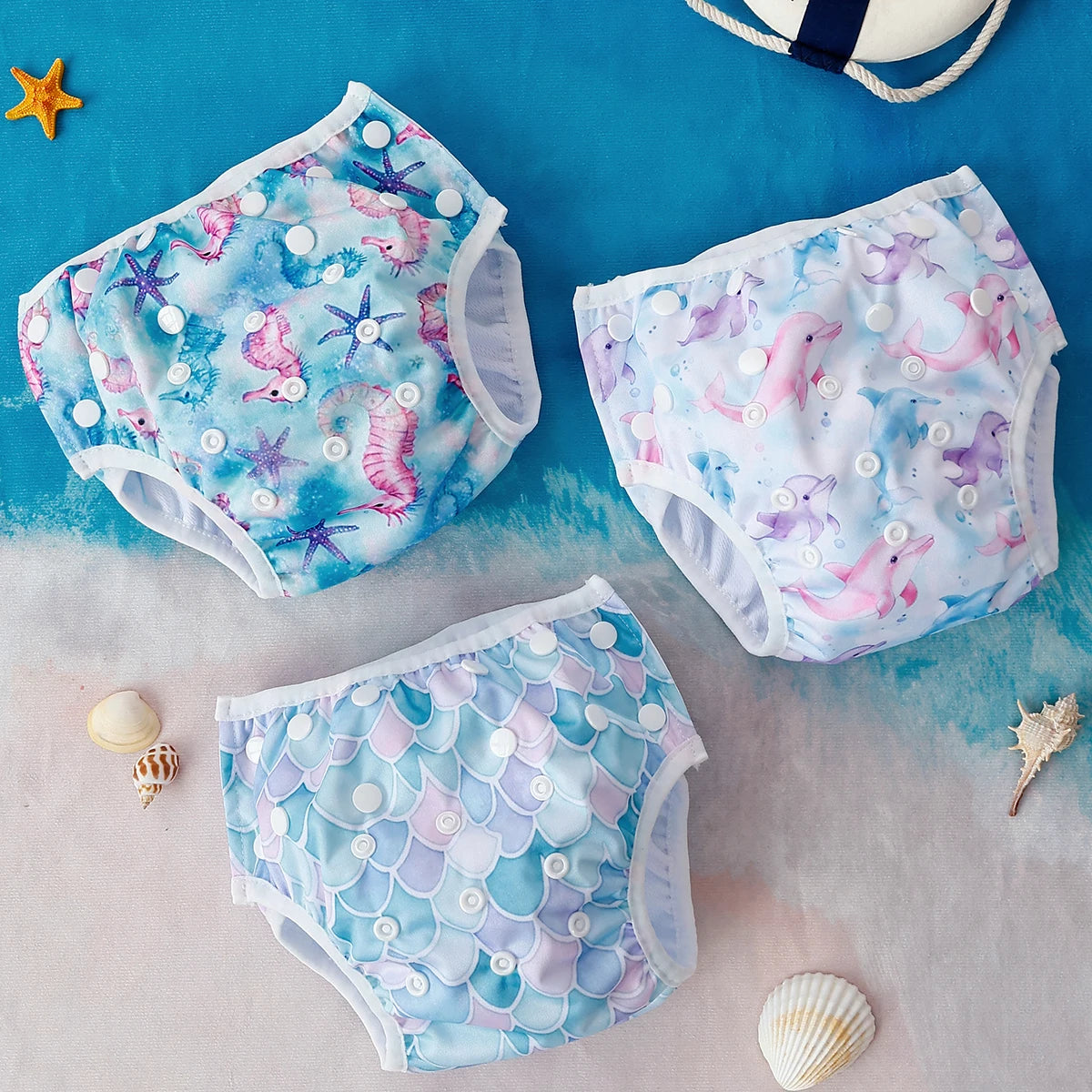 Three reusable baby swim diapers with seahorse, dolphin, and mermaid scale patterns on a sea-themed background.