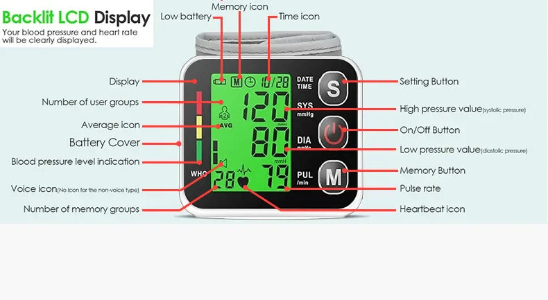 Digital Tensiometer Health Medical BP Sphygmomanometer Wrist Cuff Digital Blood Pressure Monitor Heart Rate Pulse Meter Tonomete