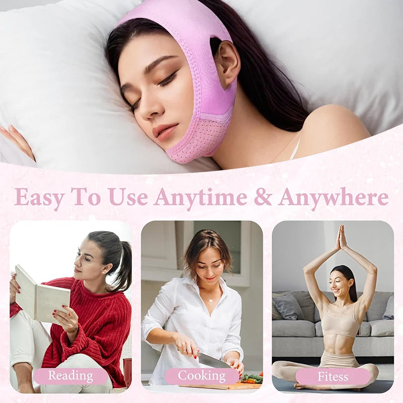 Woman wearing a pink, perforated fabric face-slimming strap while sleeping and performing various daily activities.