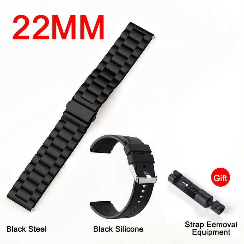 Black watch band set: black steel link strap, black silicone strap, strap removal tool