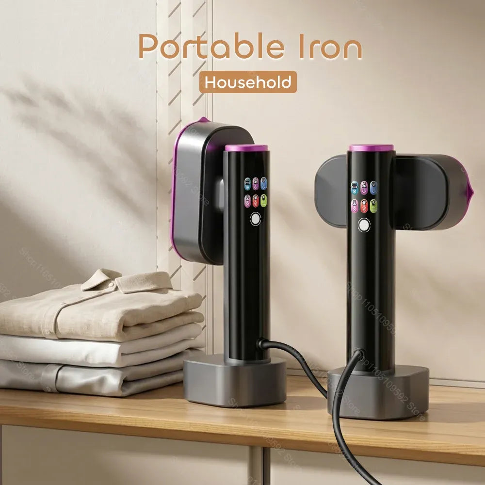 Portable iron for clothes with dual rotating heads and digital display on charging bases next to folded shirts.