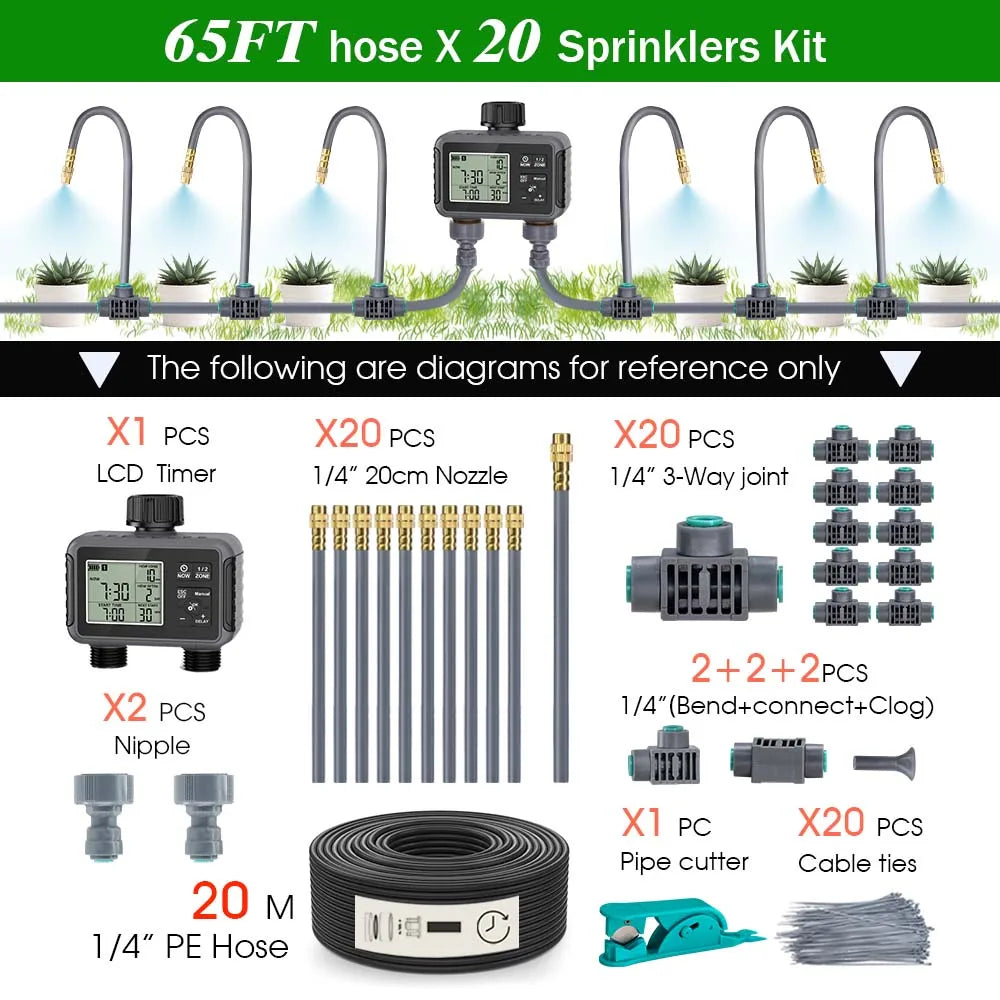 Package diagram of 65FT hose and 20 sprinklers kit with timer, nozzles, and tubing