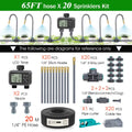 Package diagram of 65FT hose and 20 sprinklers kit with timer, nozzles, and tubing