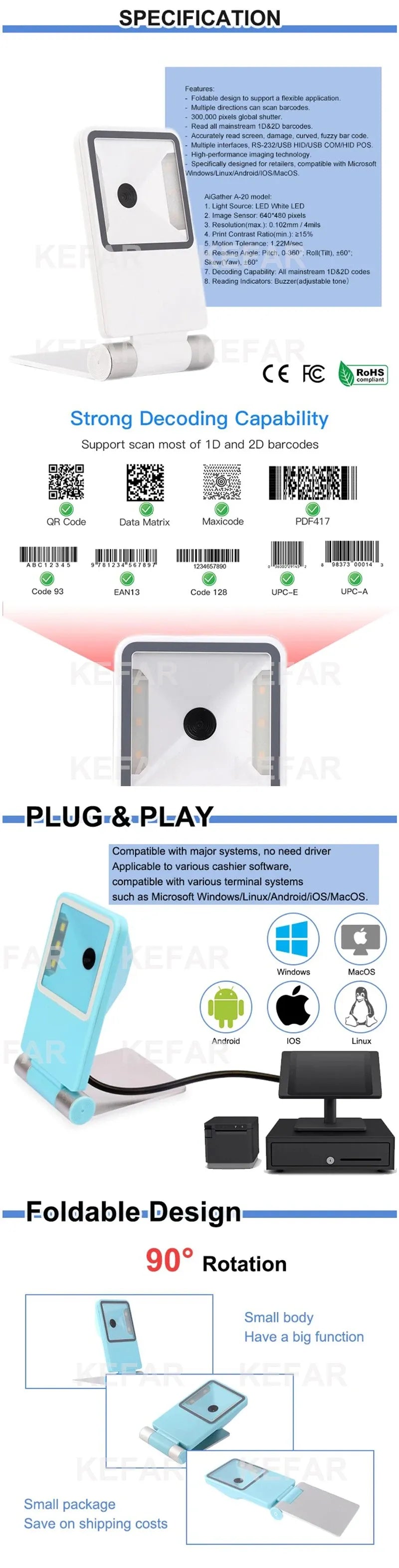 Foldable desktop barcode scanner shown with blue model on a stand in diagram
