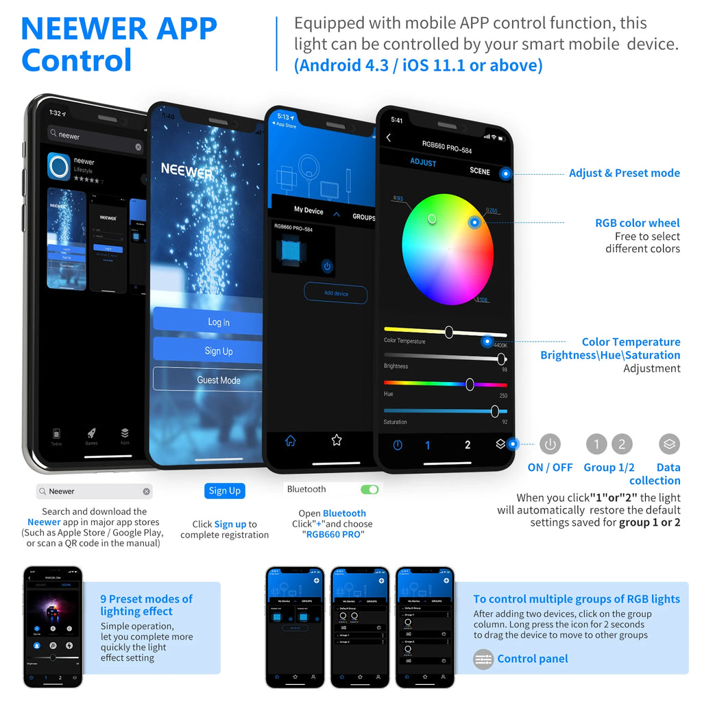 Smartphone screens showing an RGB lighting control app interface with color wheels, sliders, and device grouping menus.
