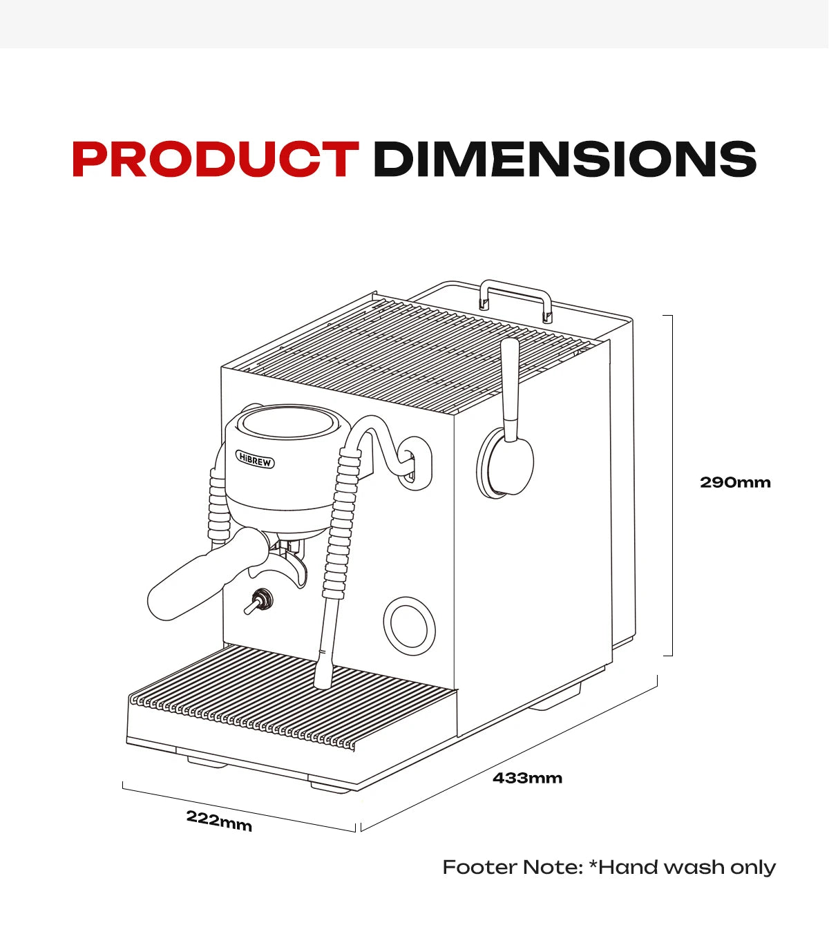 HiBrew espresso machine technical line drawing showing 222x433x290mm dimensions and sleek stainless steel design.