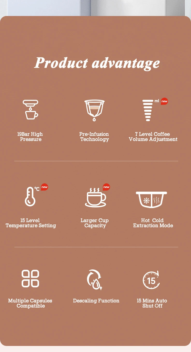 Infographic showing 19-bar espresso maker features: volume, temperature, extraction modes, and capsule compatibility.