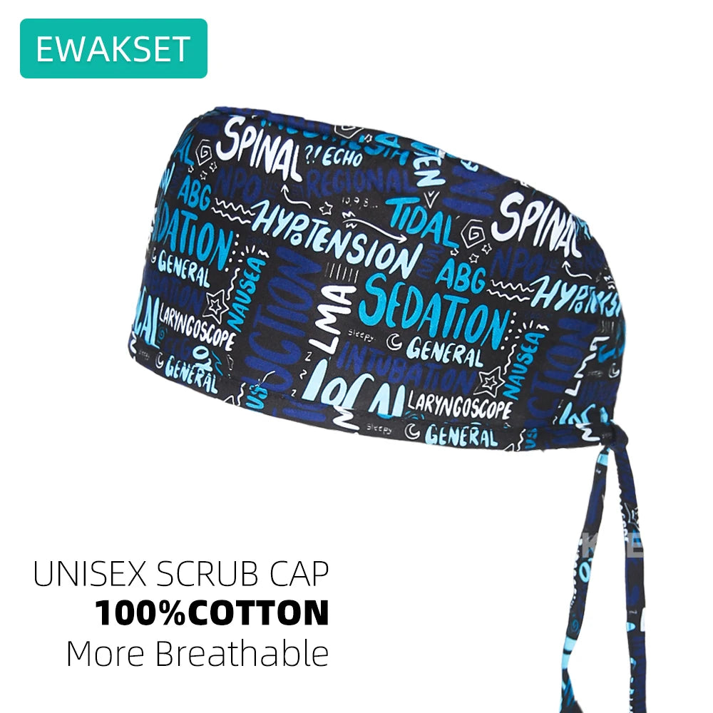 Adjustable blue medical scrub cap for vets and nurses. Breathable 100% cotton unisex surgical hat with sweatband.