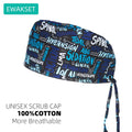 Adjustable blue medical scrub cap for vets and nurses. Breathable 100% cotton unisex surgical hat with sweatband.